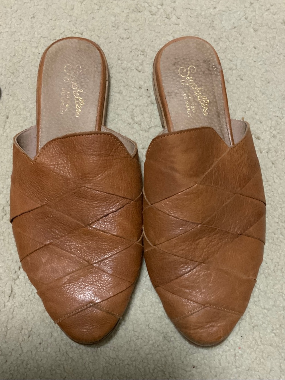 Seychelles Tan Leather Woven Slip-On Mules